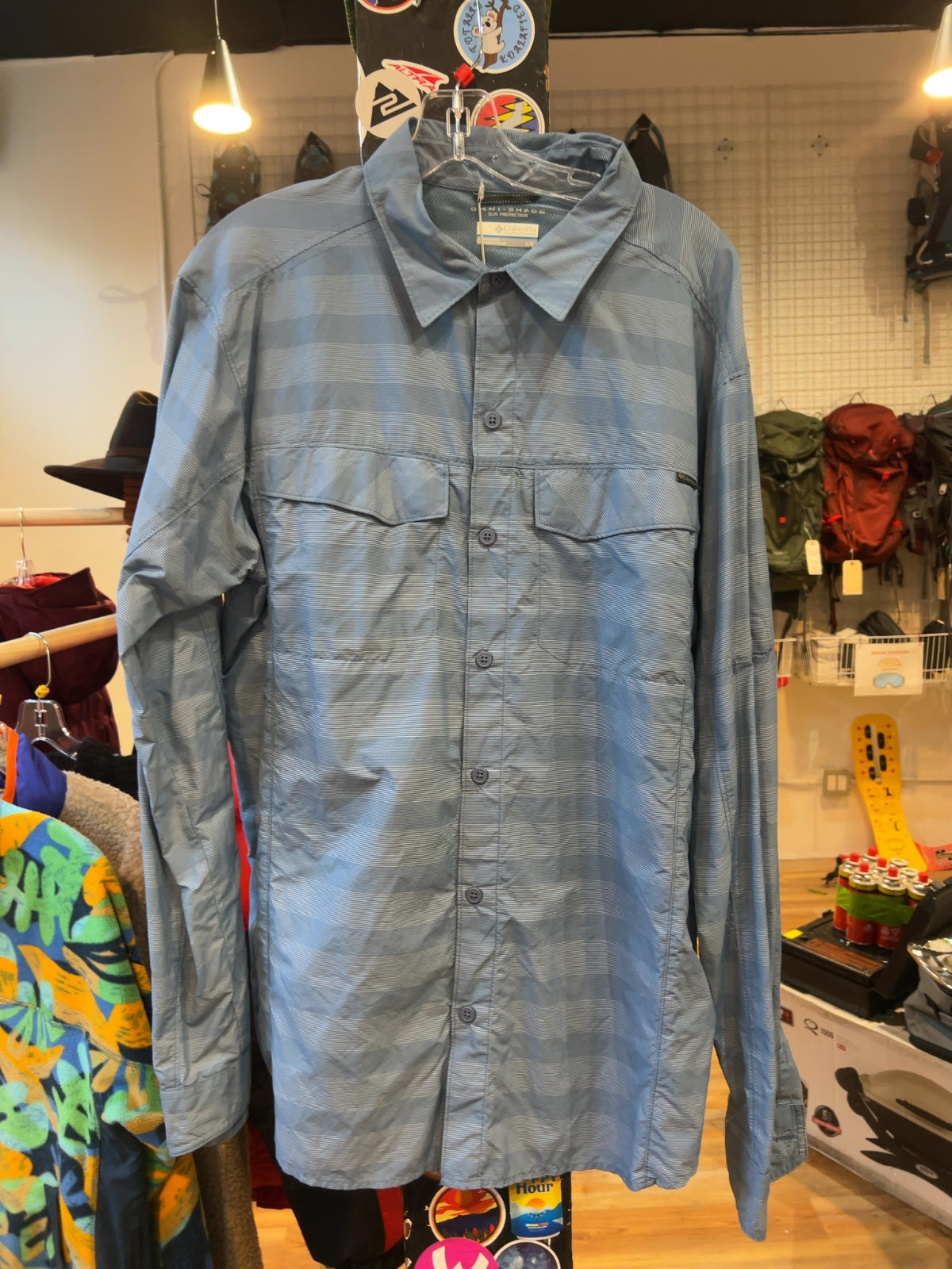 Columbia Omni-Shade Long Sleeve Hiking Shirt Blue Striped Good L
