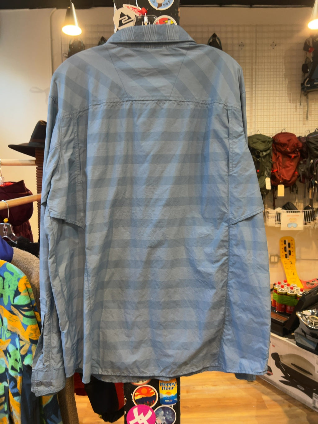 Columbia Omni-Shade Long Sleeve Hiking Shirt Blue Striped Good L