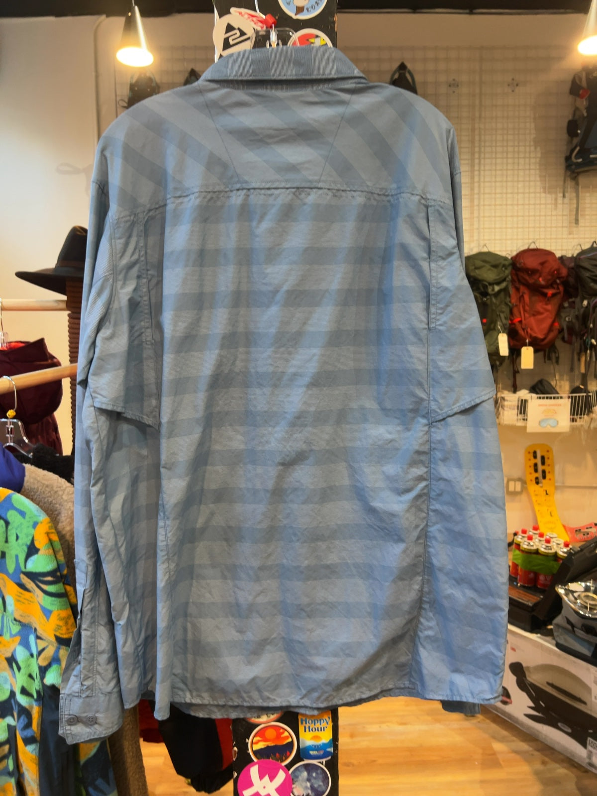 Columbia Omni-Shade Long Sleeve Hiking Shirt Blue Striped Good L